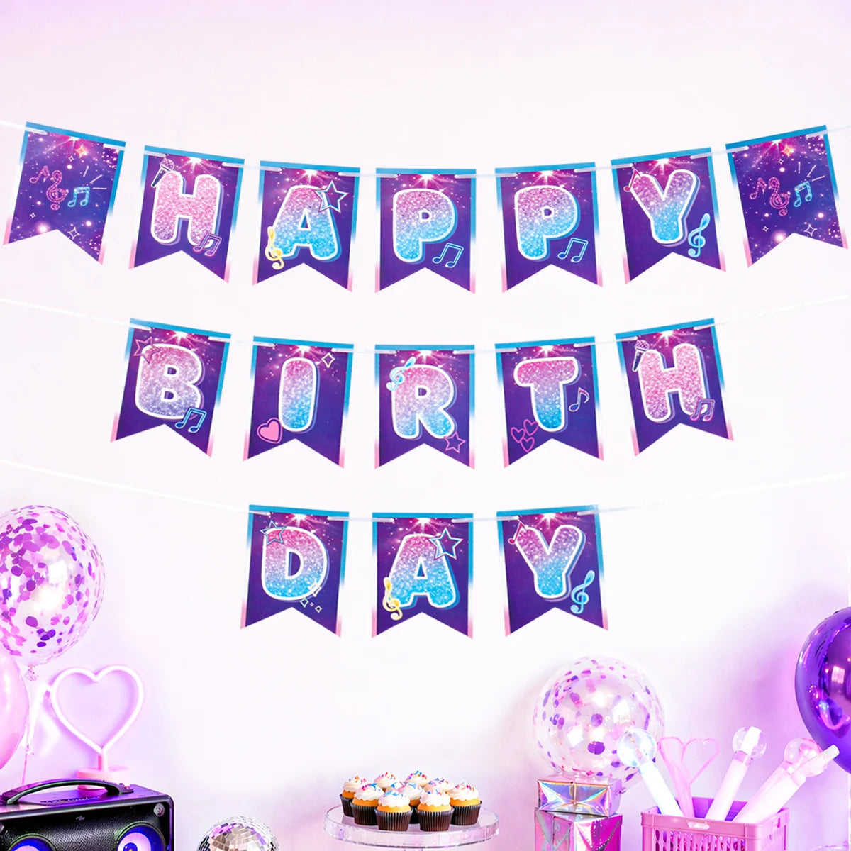 guirlande fanions violet bleu blanc rose étoiles notes musicales paillettes fil festif anniversaire enfant