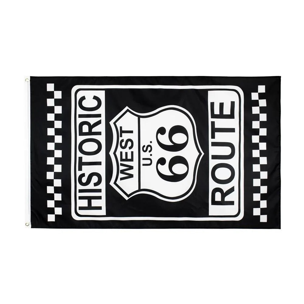 drapeau route 66 historique noir blanc carreaux dorés super tex polyester vintage 120cm 180cm