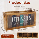 boîte ustensiles cuisine bois naturel rustique vintage compartiments blanc marron couteaux fourchettes cuillères spatules