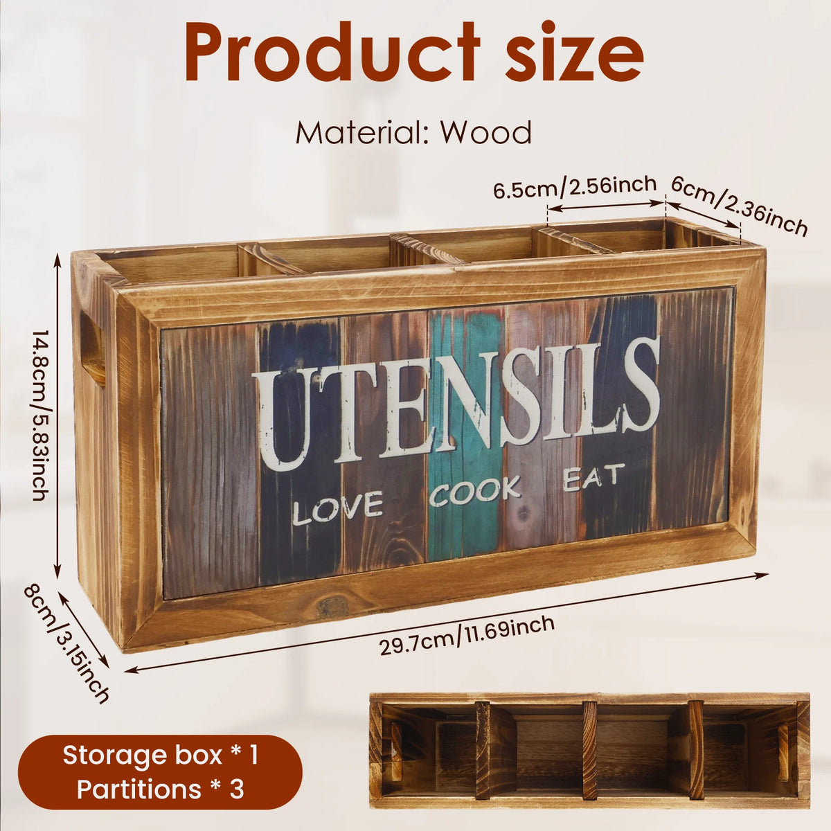 boîte ustensiles cuisine bois naturel rustique vintage compartiments blanc marron couteaux fourchettes cuillères spatules