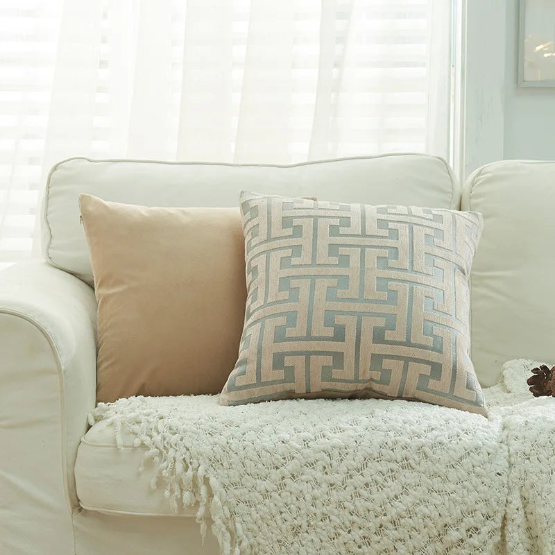 coussin patchwork géométrique bleu gris moderne 45x45cm polyester cotonversible décoration intérieure