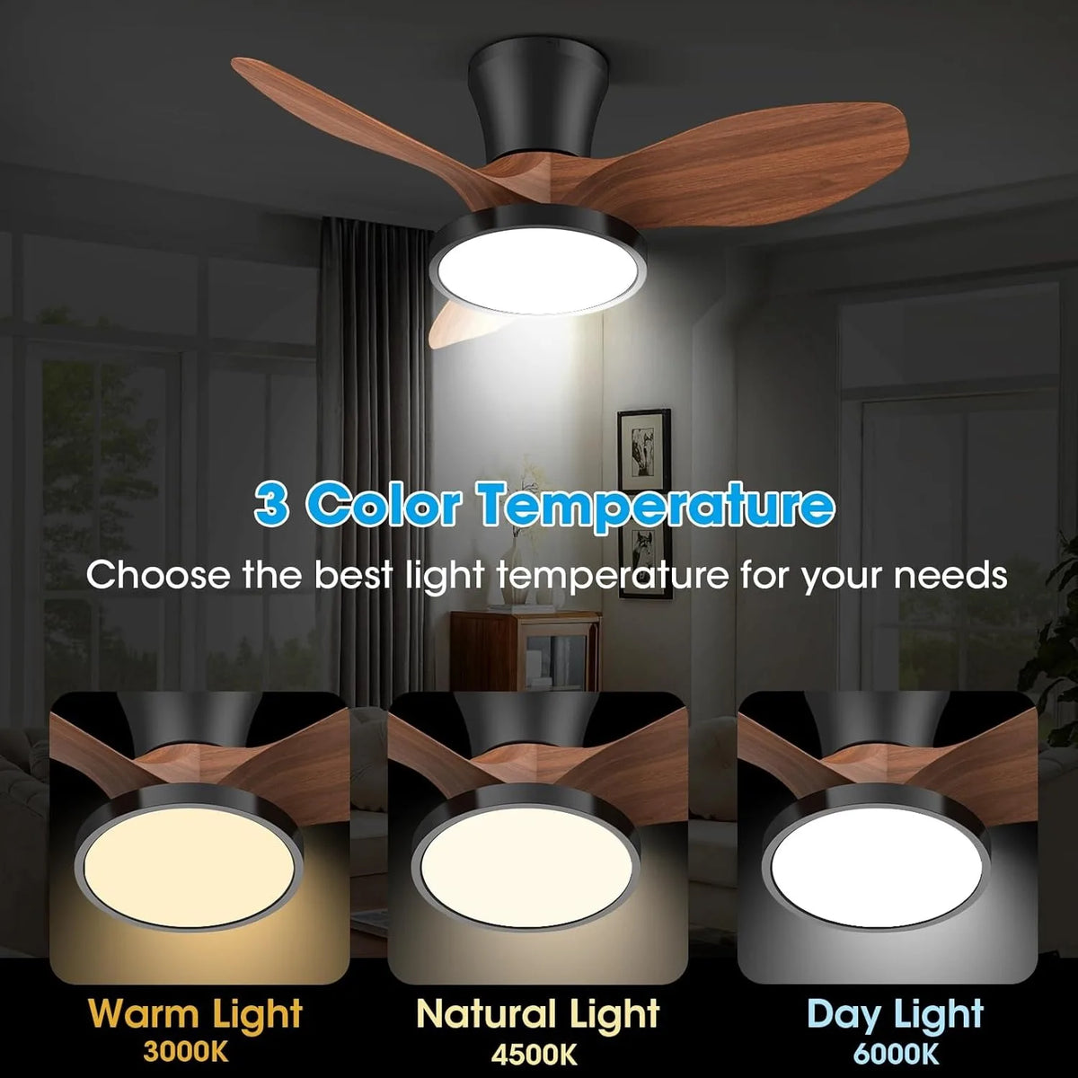 ventilateur led moderne télécommande lumière grain bois couleurs blanc marron minimaliste