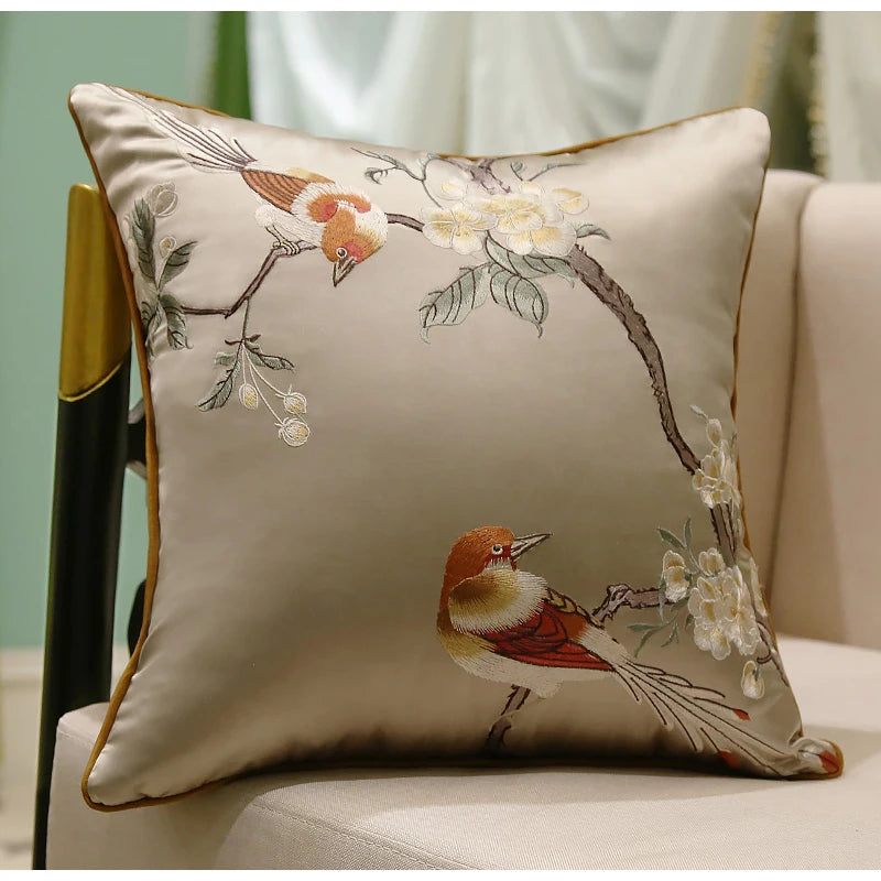taies d'oreiller brodées oiseaux fleurs vertes polyester traditionnel rétro maison