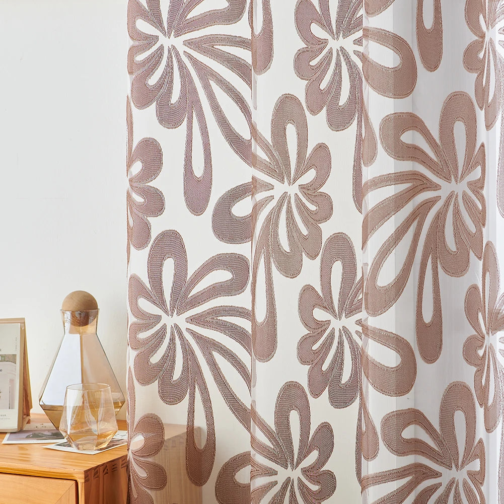 rideau moderne polyester jacquard fleurs stylisées transparent blanc beige maison hospitalité 132x243cm