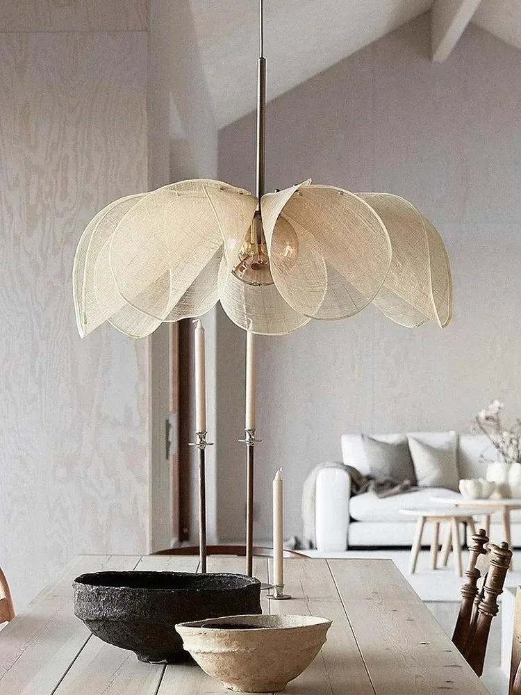 Suspension lumineuse tissu beige motif feuilles moderne opaque pendentif chambre salon étude