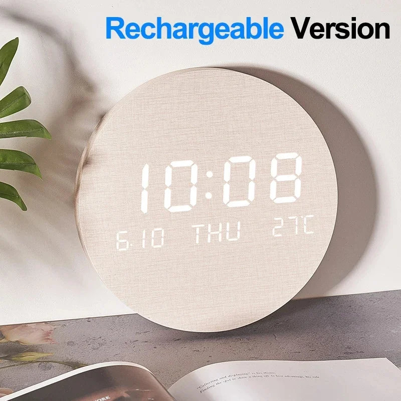 horloge murale digitale LED beige bois moderne sans cadre rechargeable