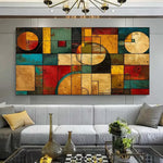 impression toile abstraite moderne géométrique carrés rectangles cercles rouge bleu jaune vert marron beige