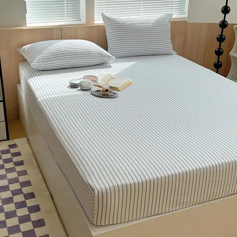 housse lit rayures blanches bleues coton élastique moderne adultes chambre literie blanc bleuclair