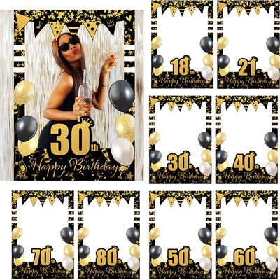 Cadre photo booth anniversaire adulte noir et or avec paillettes
