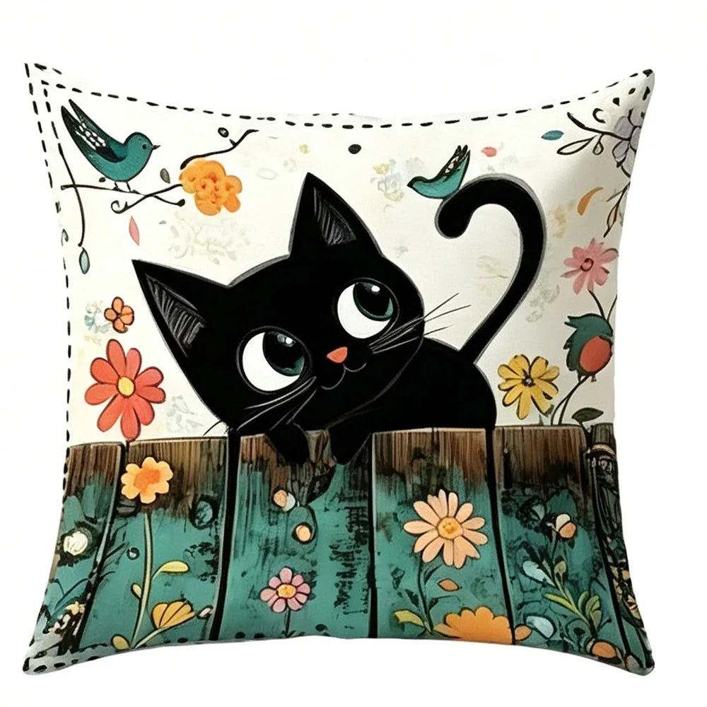 coussin illustration chats noirs fleurs polyester peacheskin 40x40cm 45x45cm 50x50cm 60x60cm