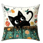 coussin illustration chats noirs fleurs polyester peacheskin 40x40cm 45x45cm 50x50cm 60x60cm