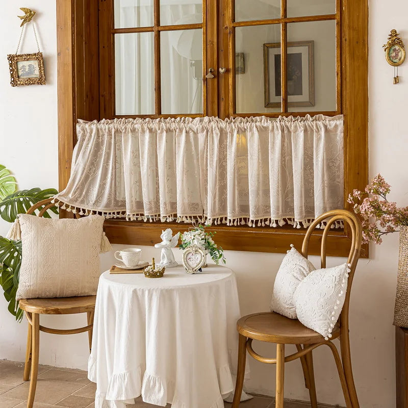 rideau vert clair motif feuilles classique romantique franges translucide chambre cuisine salon