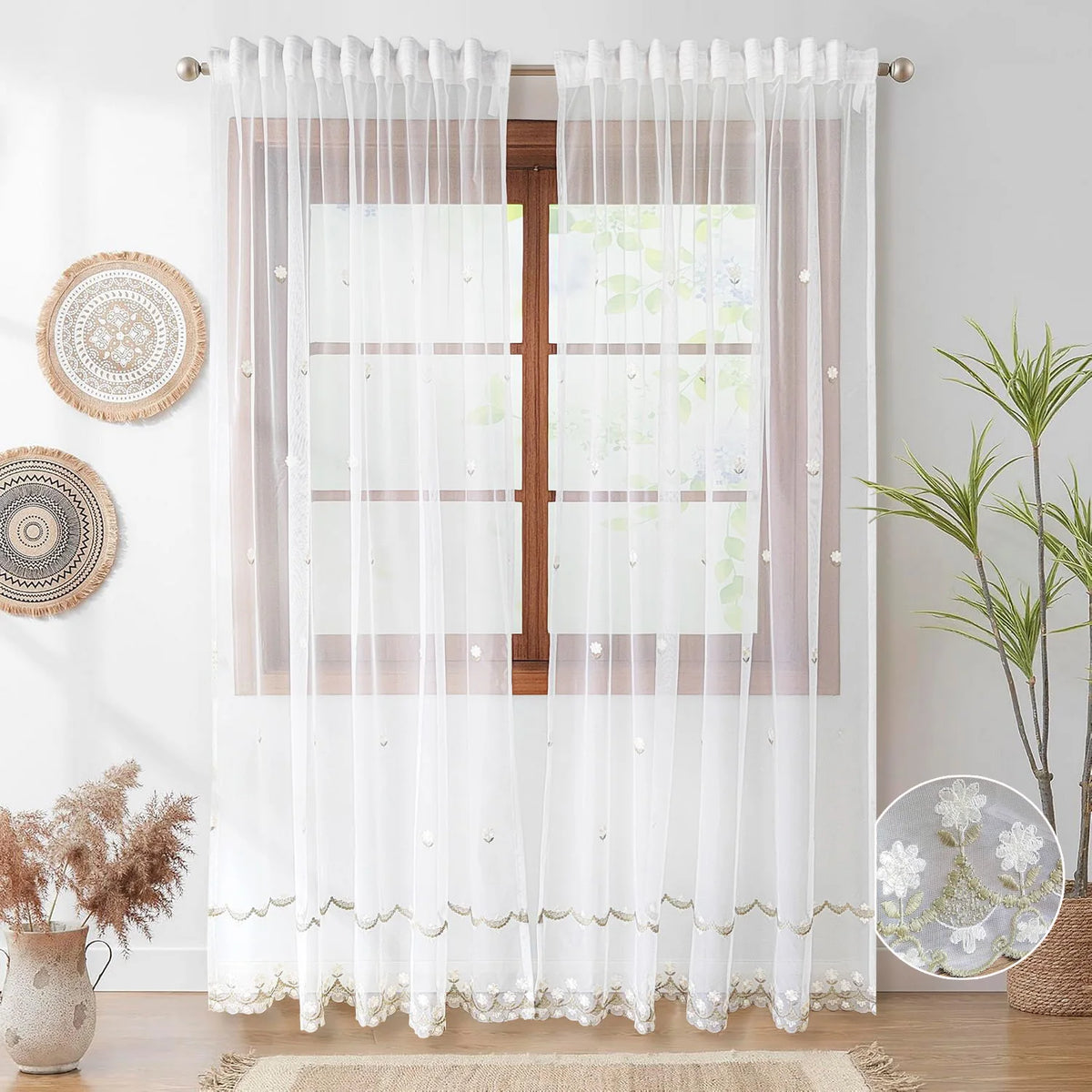 rideaux tulle floral transparents pastoral chambre salon decoration fleurs feuilles feston blanc vert jamais