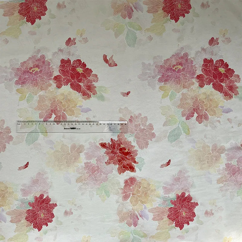 tissu brocart fleurs papillons blanc rouge rose vert jaune classique biodegradable 150cm