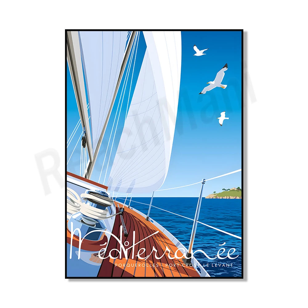 Magnifique illustration d'un voilier naviguant sur une mer turquoise sous un ciel bleu, avec des oiseaux volant au-dessus. L'image capture la beauté et la liberté de la navigation en mer.