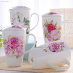 tasses thé céramique fleurs classiques poignées couvercle blanc rose vert