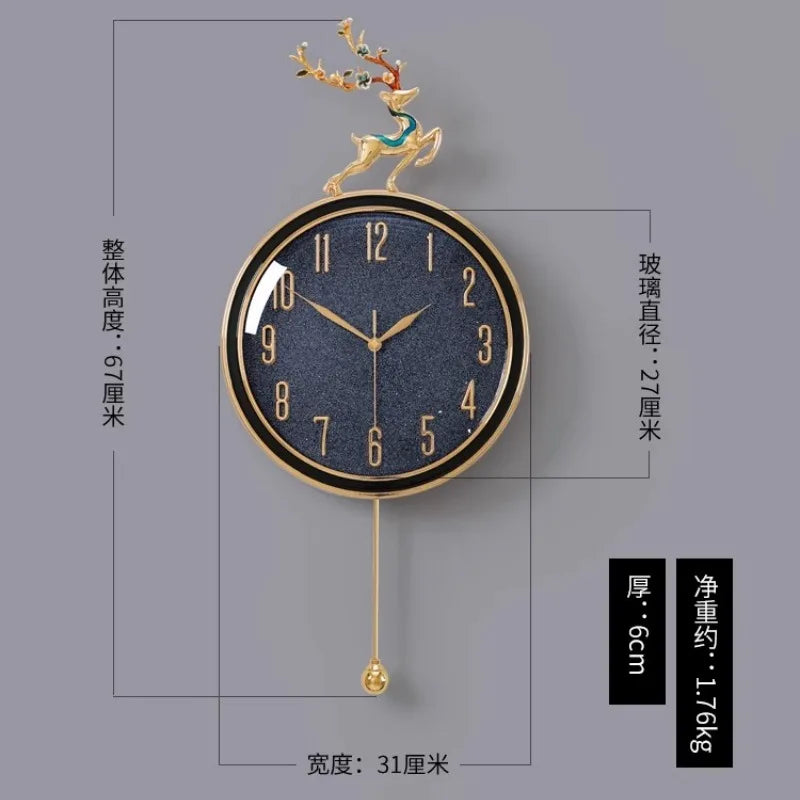 horloge murale moderne or bleu cerf décoration festive salon round métal doré