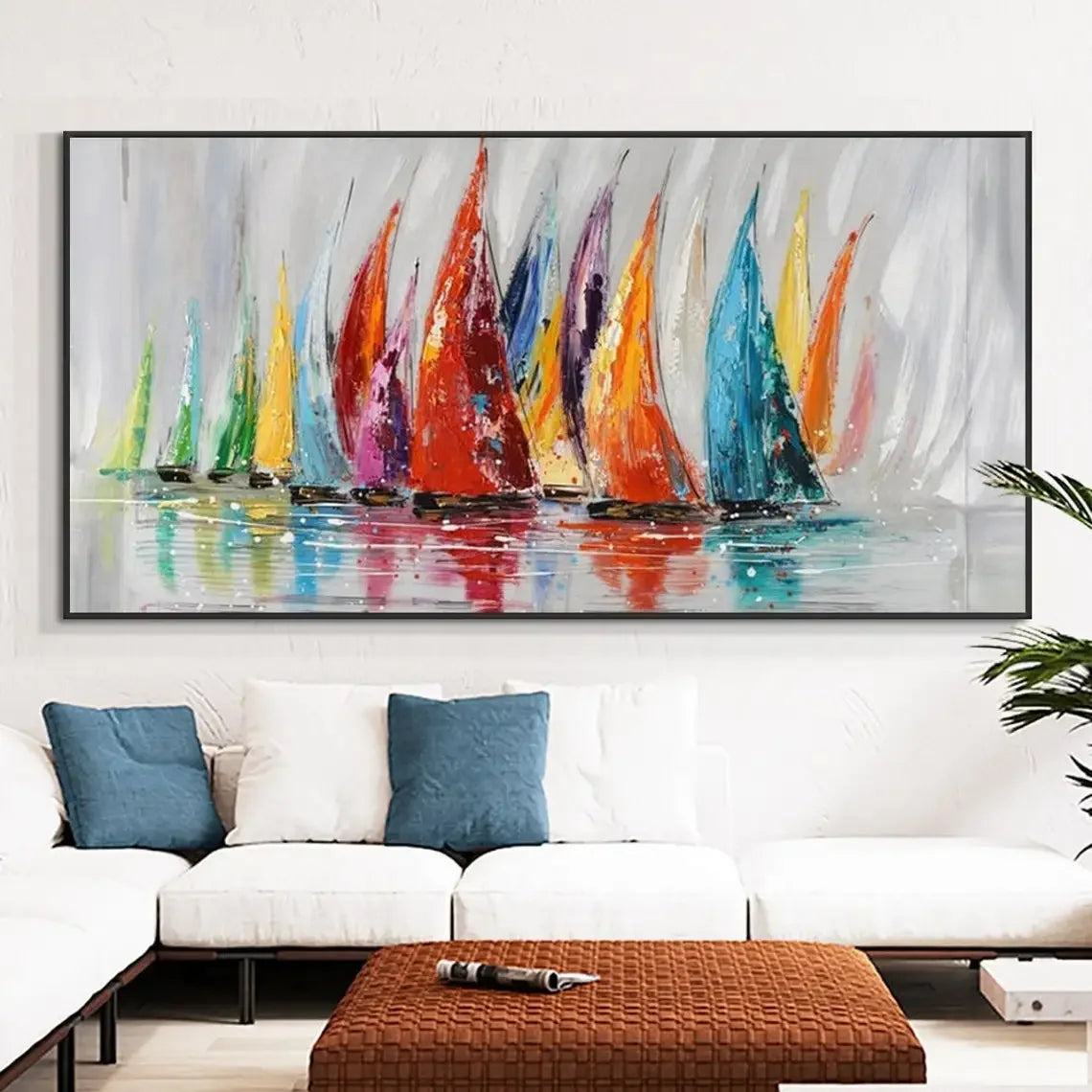 tableau peinture abstraite multicolore cadre noir décoration murale salon moderne toile grande taille