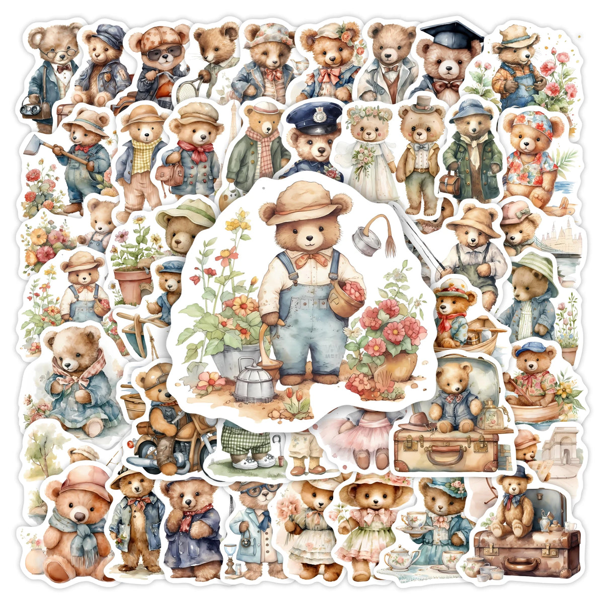 sticker illustratif teddy bear multicolore scène pêche jardinage voyage adhésif waterproof moderne scrapbooking journal