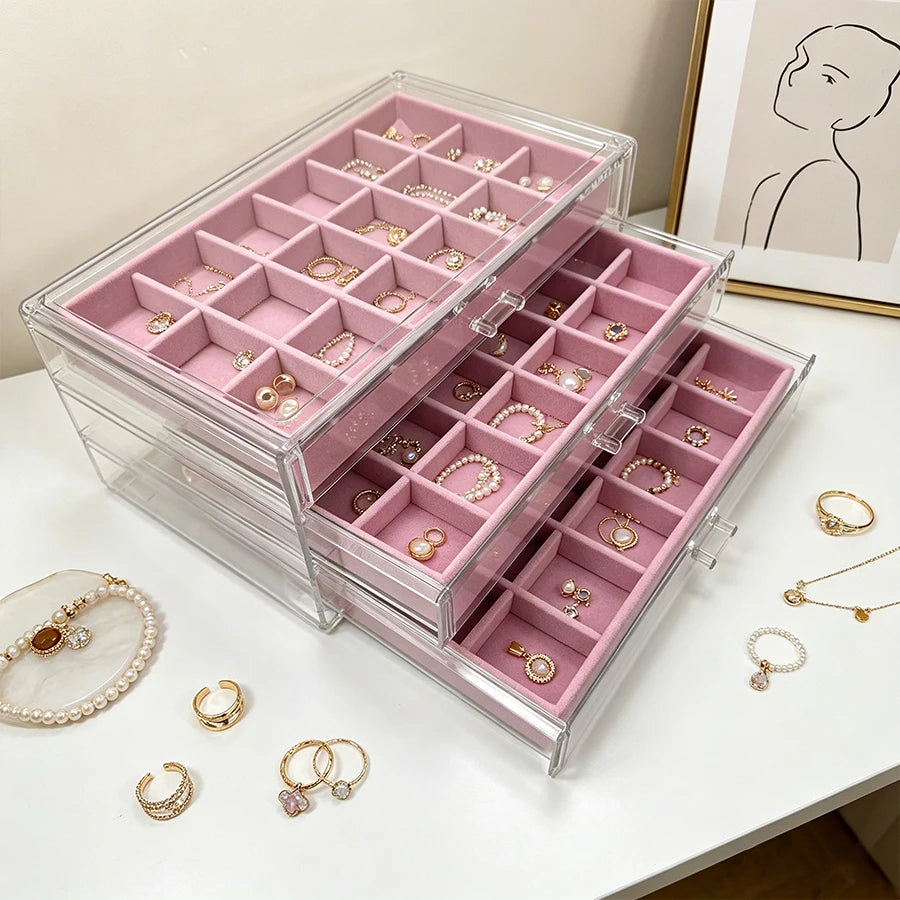 boîte bijoux velours rose transparent moderne rangement poignées métal boucles oreilles bracelets