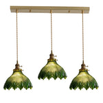 suspension lumineuse vintage vert doré motifs géométriques ampoules câbles chaînes métal