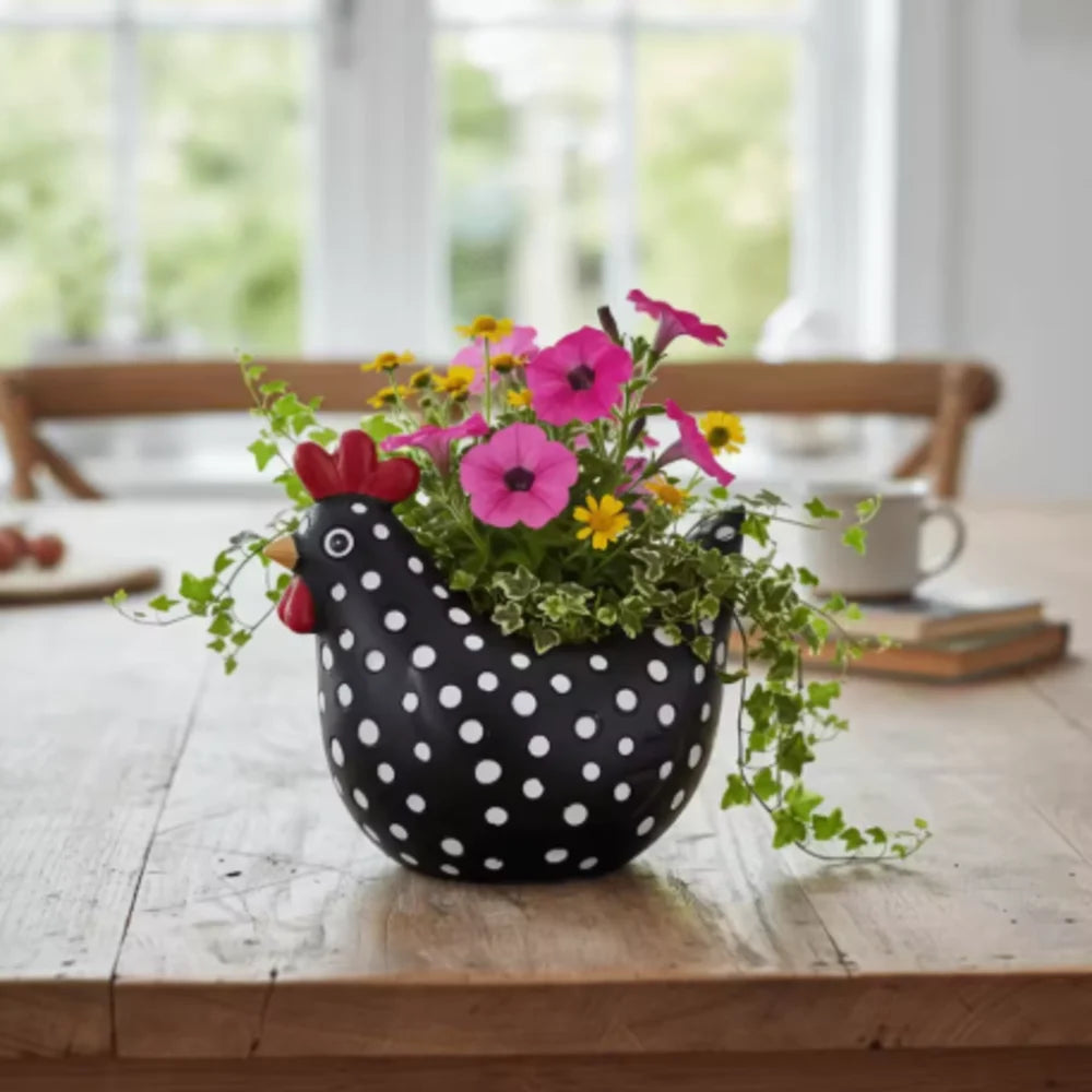 pots fleurs forme poule motifs pois noirs succulentes géraniums lavande rustiqueextérieur jardin