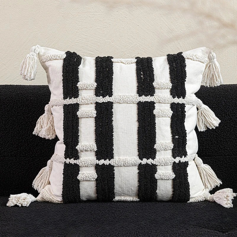 coussin noir blanc brodé géométrique moderne fixé 45x45cm décoration