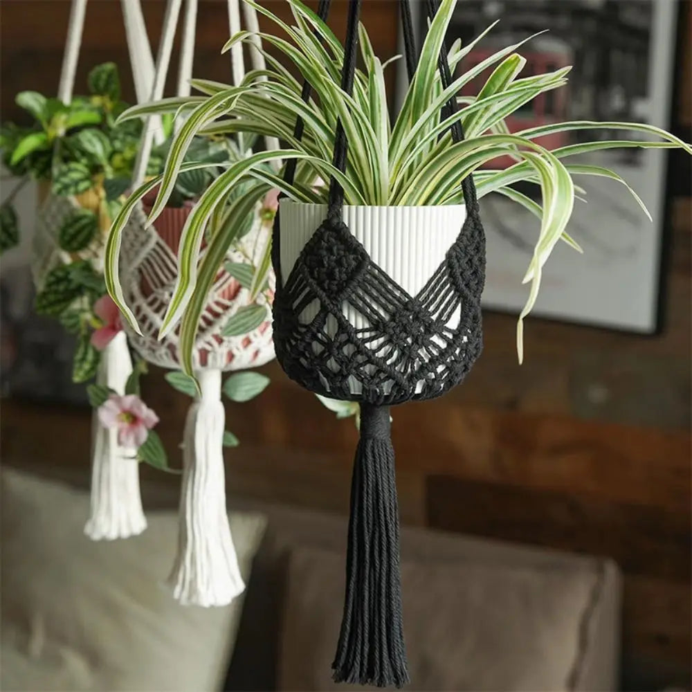 Sac plante suspendu macramé boho pot blanc anneaux beiges noirsintérieurextérieur