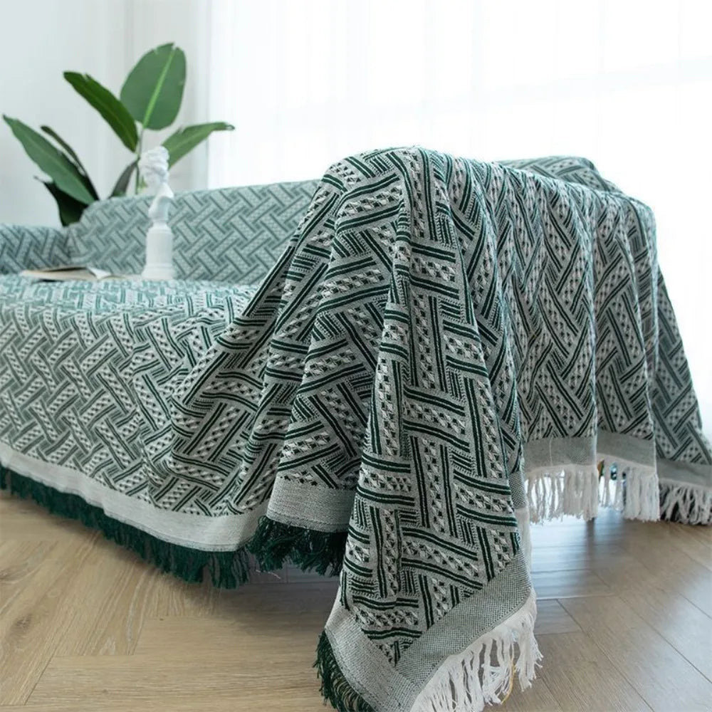 nappe rectangulaire imperméable motif géométrique franges bohème rustique verte blanche grise table basse pique