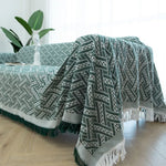 nappe rectangulaire imperméable motif géométrique franges bohème rustique verte blanche grise table basse pique