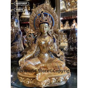 statue bouddhiste féminine or bleu turquoise motifs décoratifs socle lotus protéction religieuse tibétain 48cm