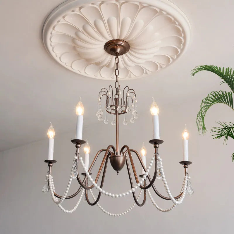 lustre classique vintage bronze blanc cristaux chaînes ampoules E14 adjustable
