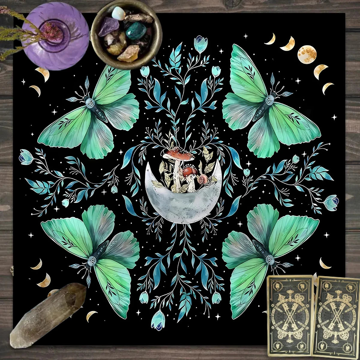 tapis décoratif phénix papillons cristaux astrologie noir rose blanc vert bleu doré moderne fantastique