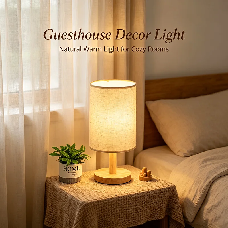 lampe table led moderne minimaliste toile lin base bois flux lumineux faible éclairage chevet