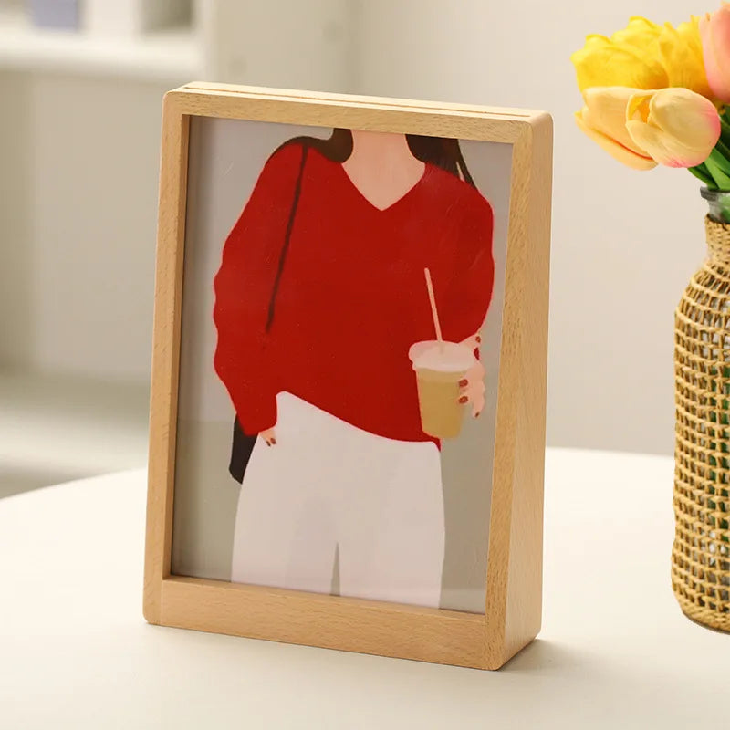 cadre photo moderne transparent double face bois naturel couleurs vives illustrations personnes