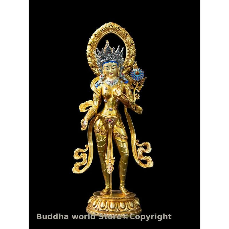 statue bouddhiste or bleu argent rouge motifs floraux complexe tibetain halo doré couronne sceptre