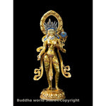 statue bouddhiste or bleu argent rouge motifs floraux complexe tibetain halo doré couronne sceptre