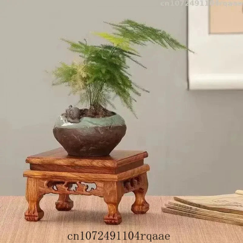 support décoratif bois marron motifs sculptés classique traditionnel théières figurines bonsaïs decoration intérieure