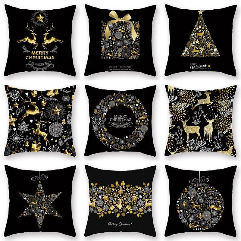 housse coussin noël motifs cerfs flocons étoiles or noir festive decoration fixations