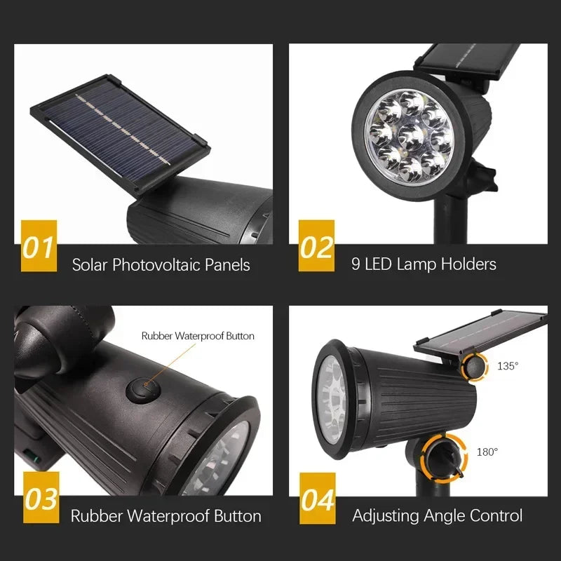 projecteur solaire led 9lumieres réglable moderne jardin étanche noir abs