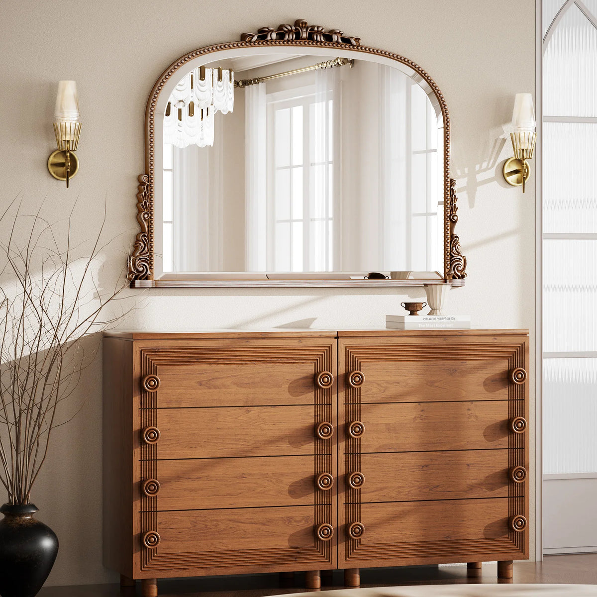 miroir salle bain bois naturel vintage classique motifs dorés vis fixations chambre