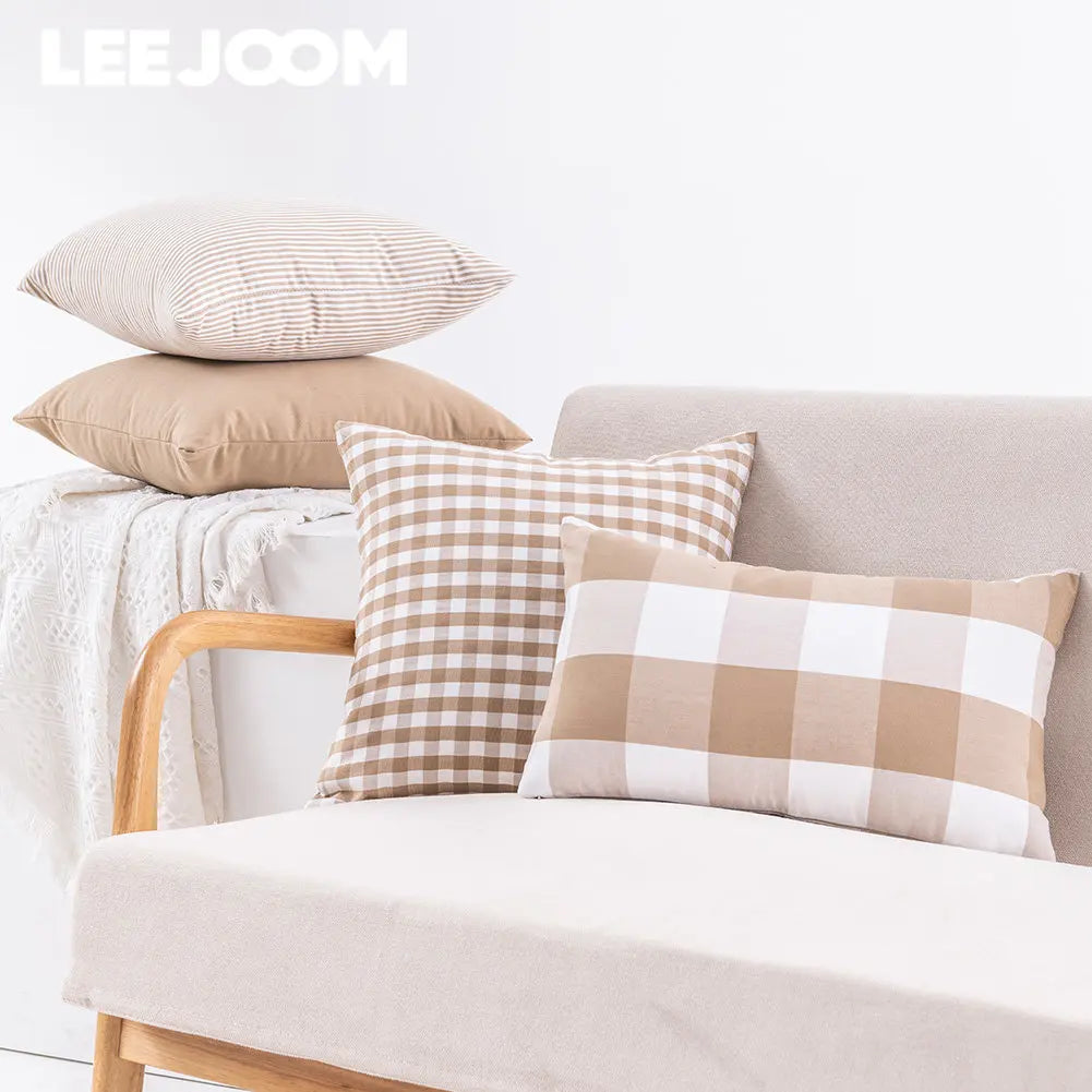 coussin plaid moderne beige blanc carreaux 30x50cm 45x45cm lit canapé décoration
