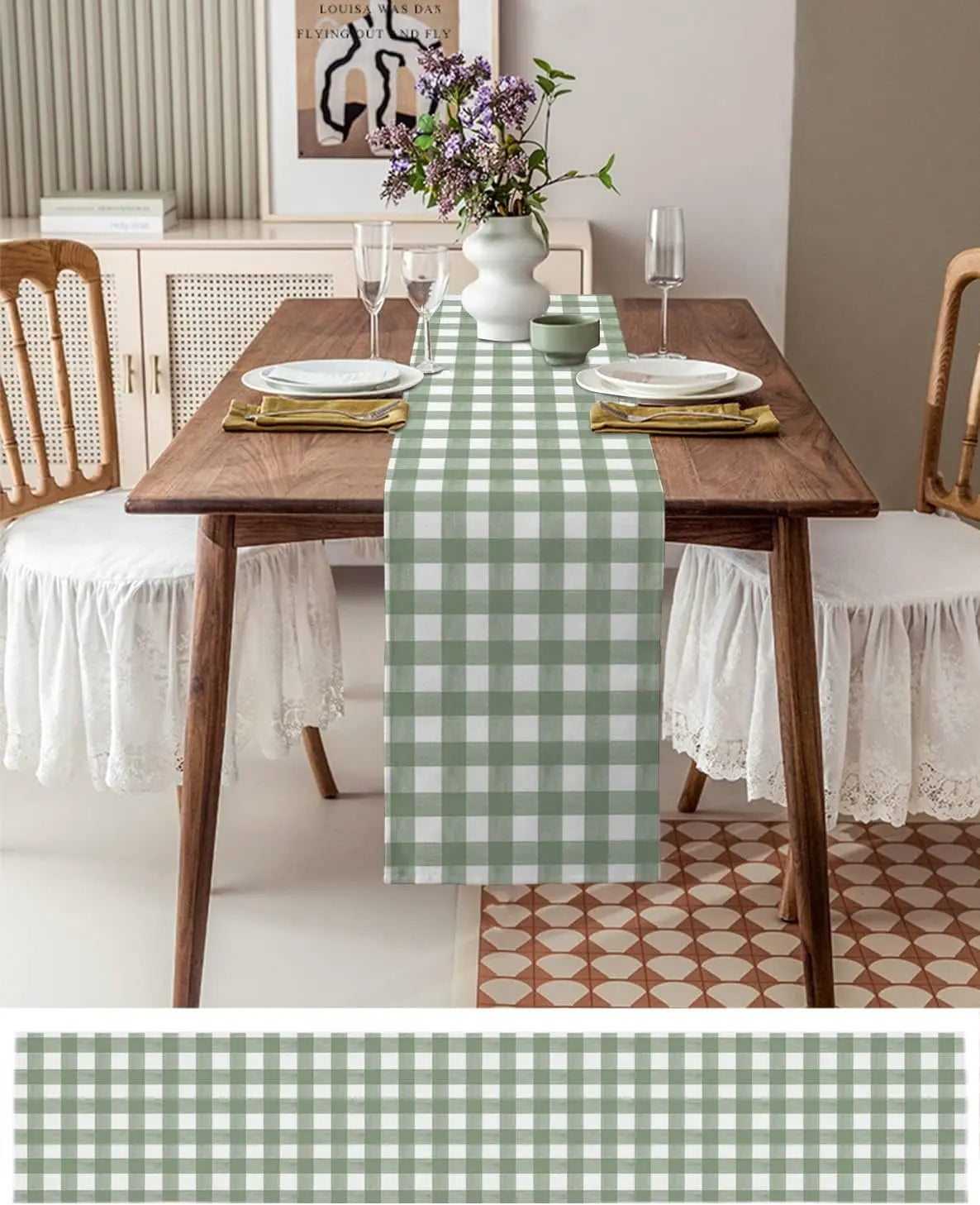 chimene table lin carreaux vert clair classique farmhouse decoration table verte blanc farmhouse decoration