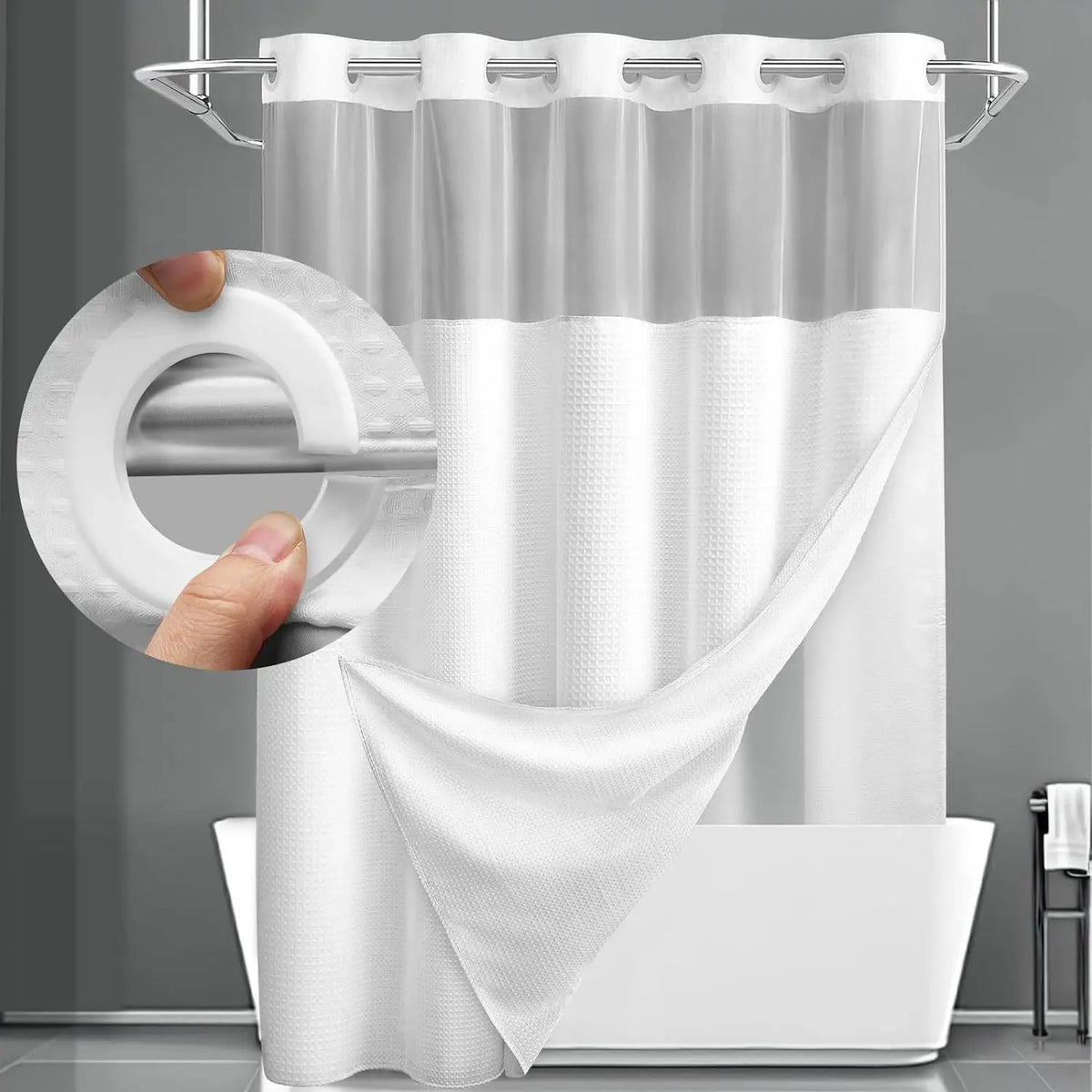 rideau douche double couche polyester blanc gris moderne respectueux environnement opacité fixations