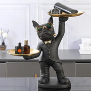 statue bulldog français résine plateaux métal décoration moderne humoristique petits objets rangement étagère salon