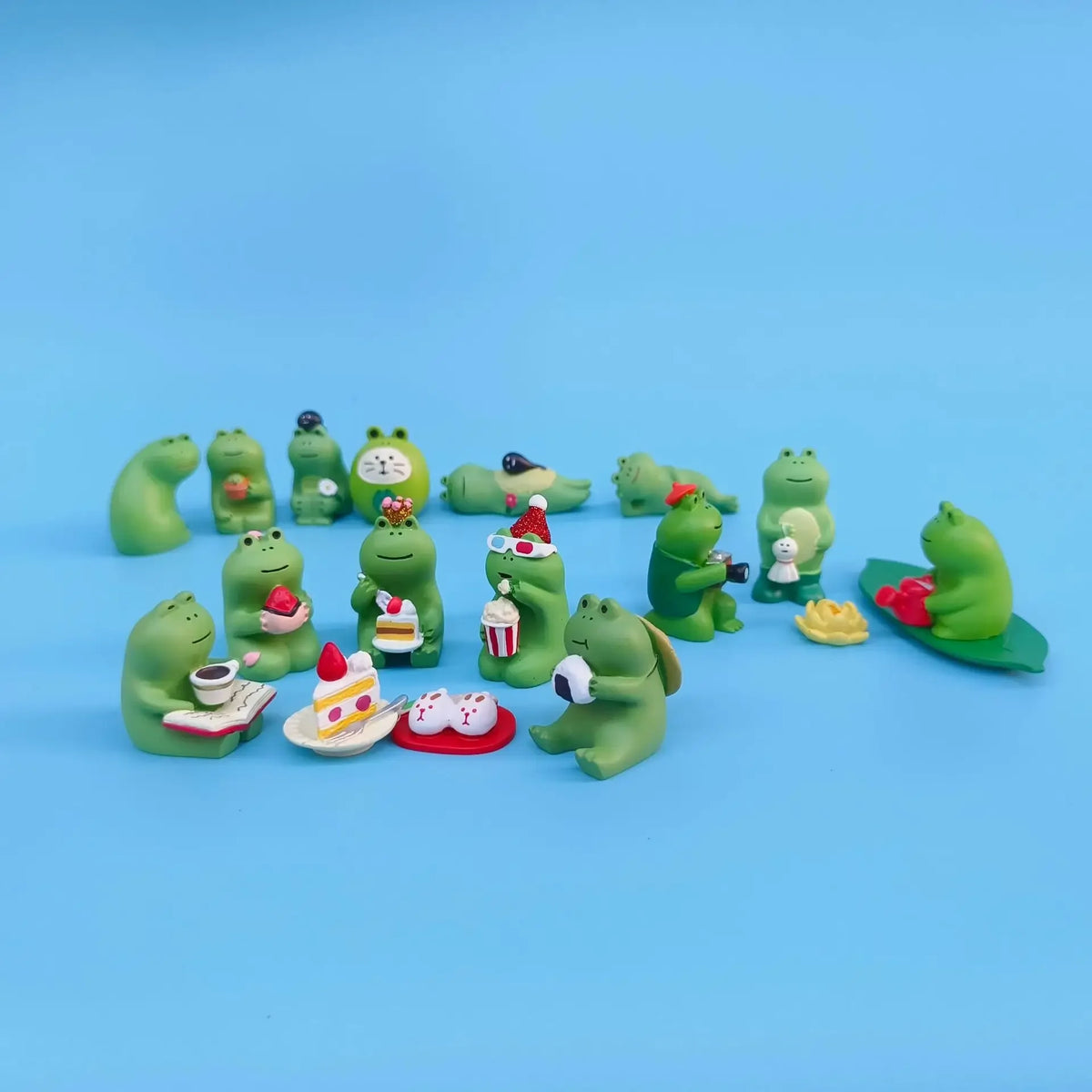 figurines grenouille verte résine japonais mignon cartoon accessoire chapeau lunettes tasse thé personnage jaune