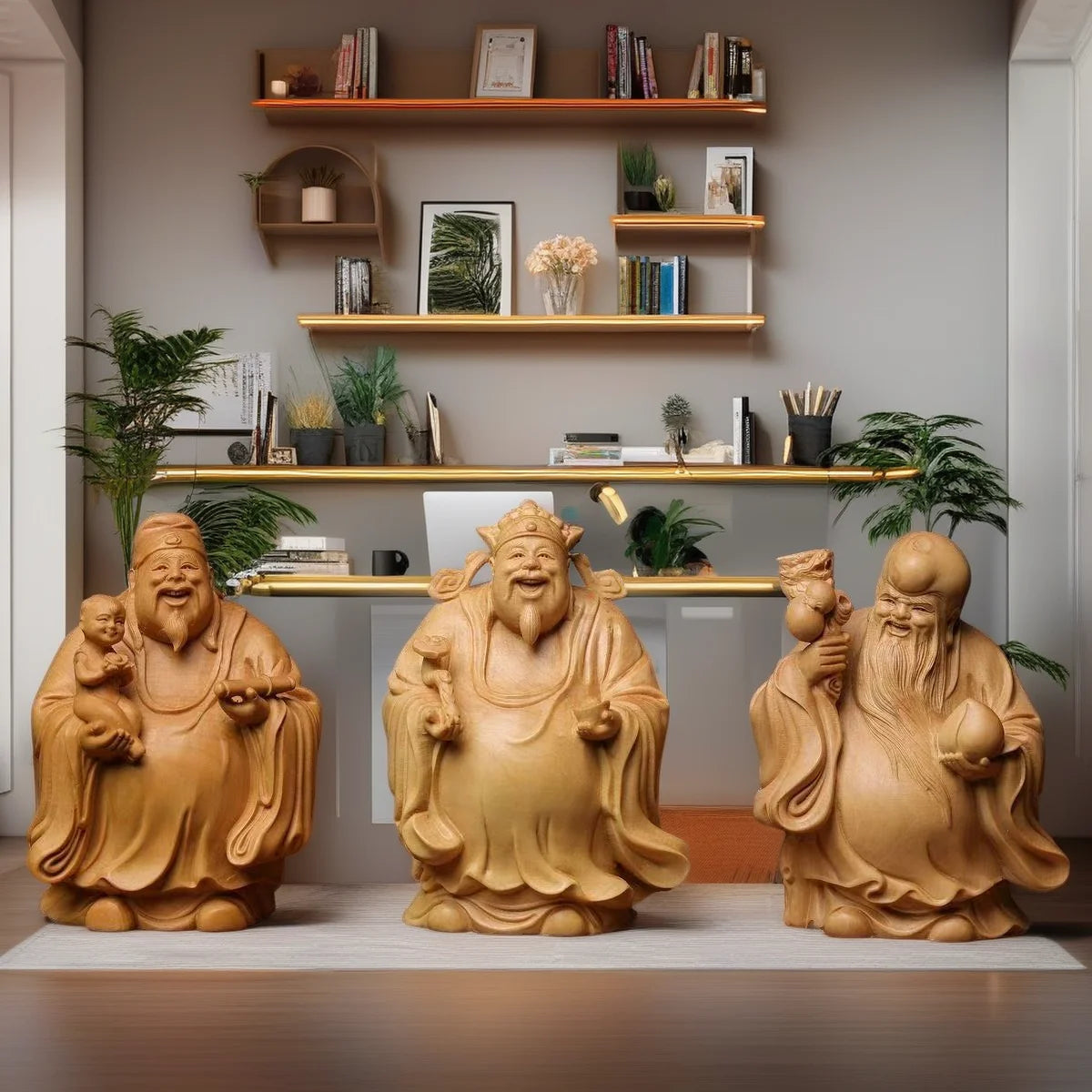 statues sculptées bois naturel artisanal traditionnel trois pièces bébé motifs floraux géométriques maison chambre