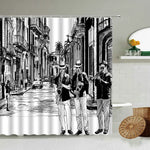 rideau douche noir blanc illustration rue musiciens saxophone trombone encre crochets