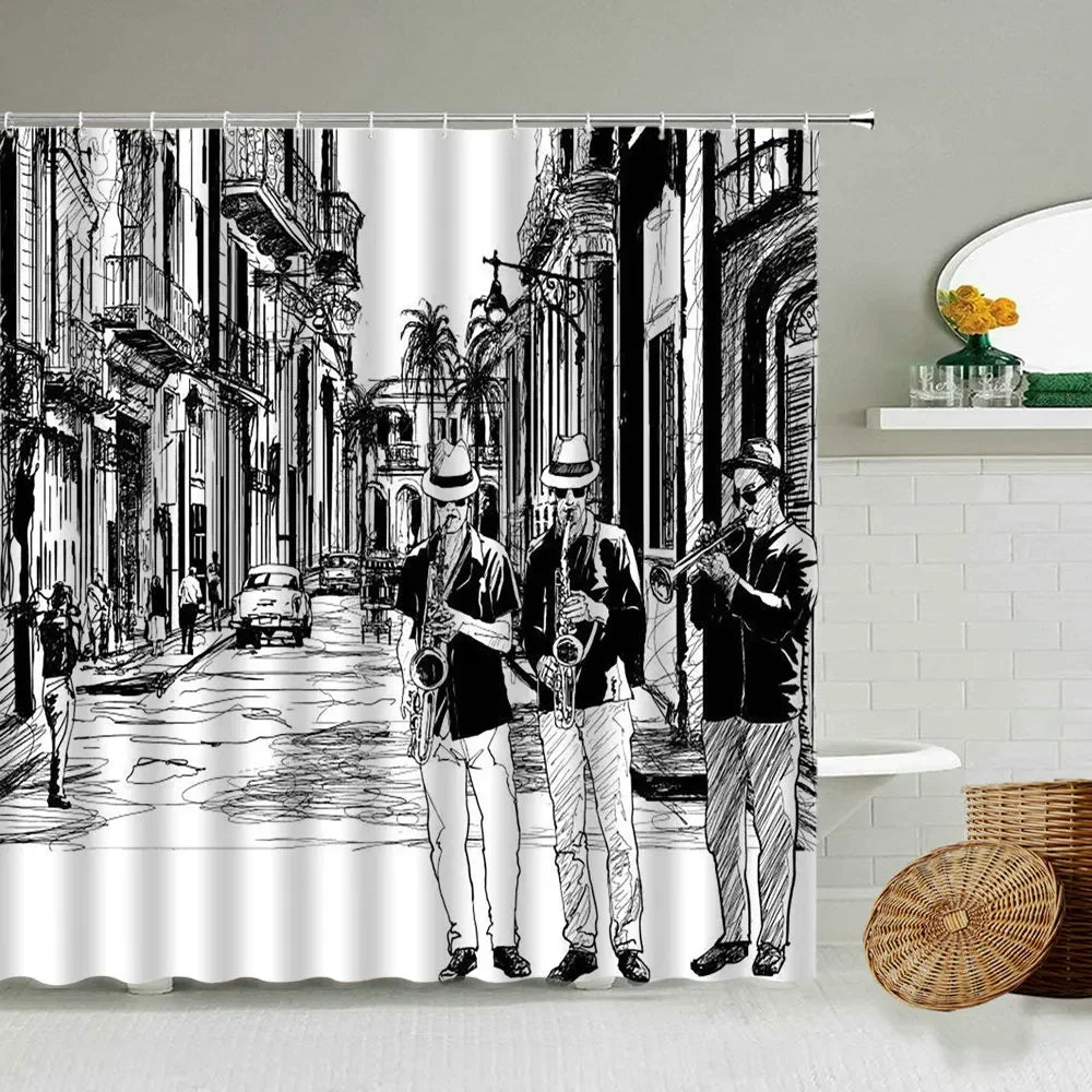 rideau douche noir blanc illustration rue musiciens saxophone trombone encre crochets