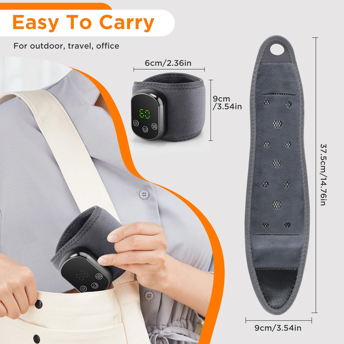 bracelet chauffant massage vibration relaxation affichage numerique controle usb moderne gris orange